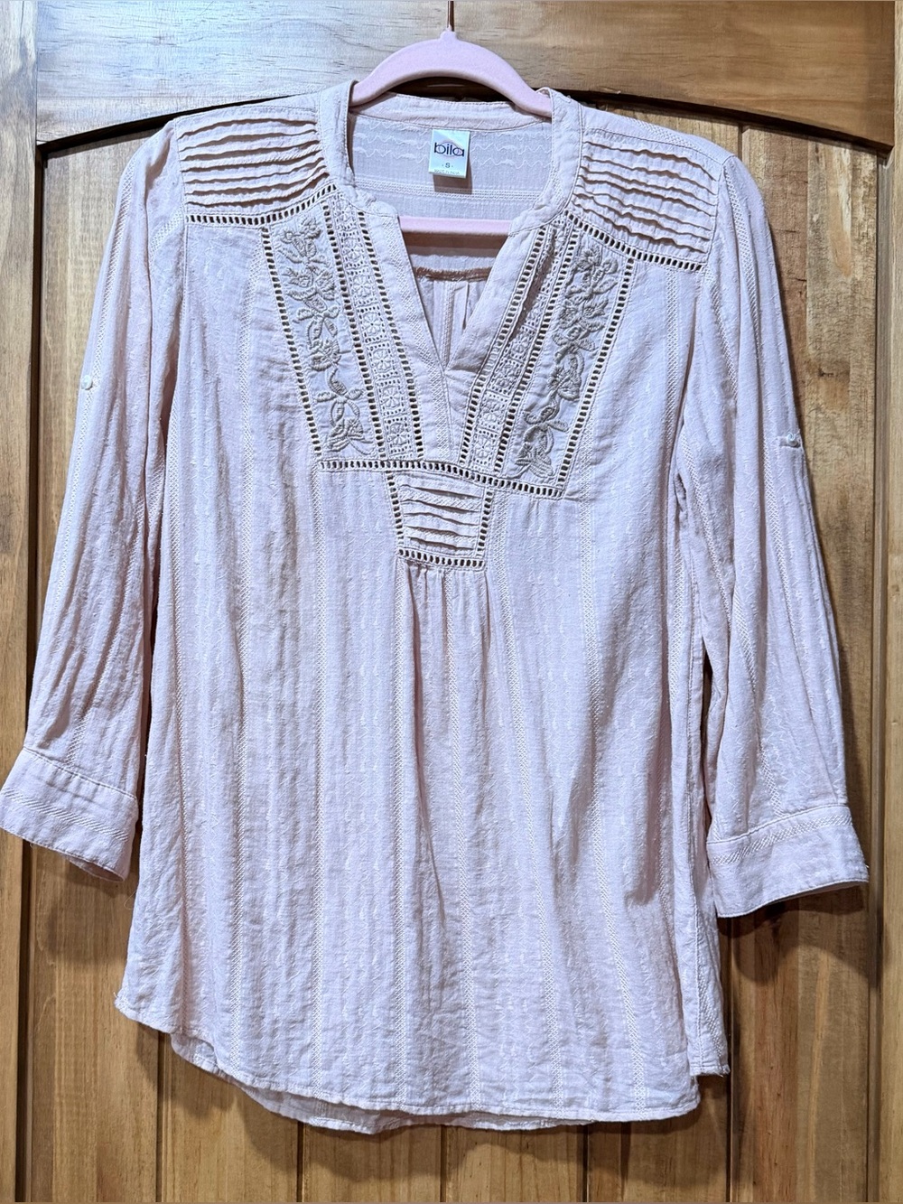 Bila Pale Pink Embroidered V-Neck Peasant Tunic